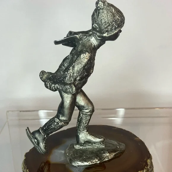 Bronze Figure, Young Boy Skating on a Lake of Banded Agate, Signed/Dated